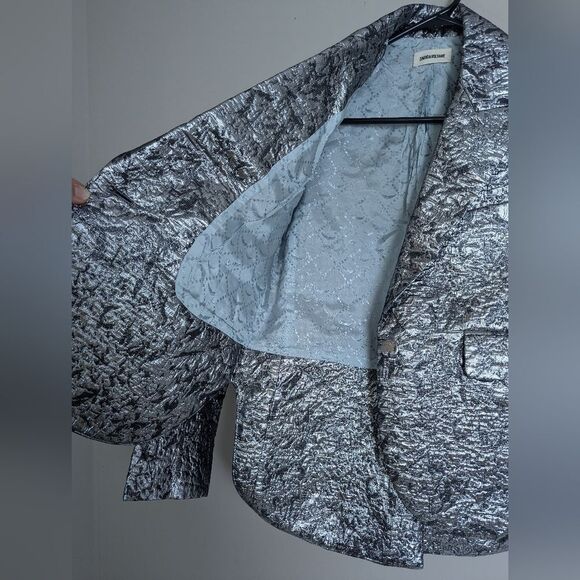 Zadig & Voltaire Vistar Jac Metallic Suit – Silver Foil Blazer + Pants Sz 34/2US - Picture 6 of 16